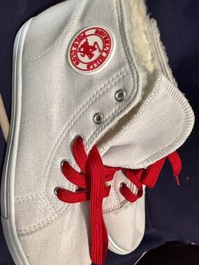 White Canvas High-Top Sneaker with Red Accents